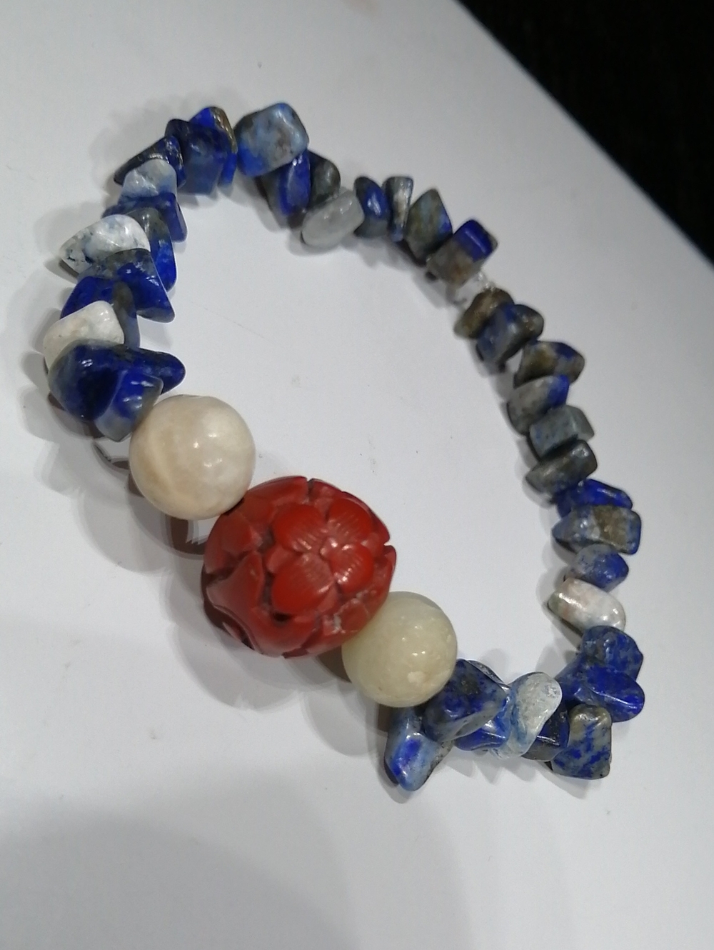 Antique Carved Cinnabar Bead Lapis Lazuli, White Jade Beaded Stretch Bracelet